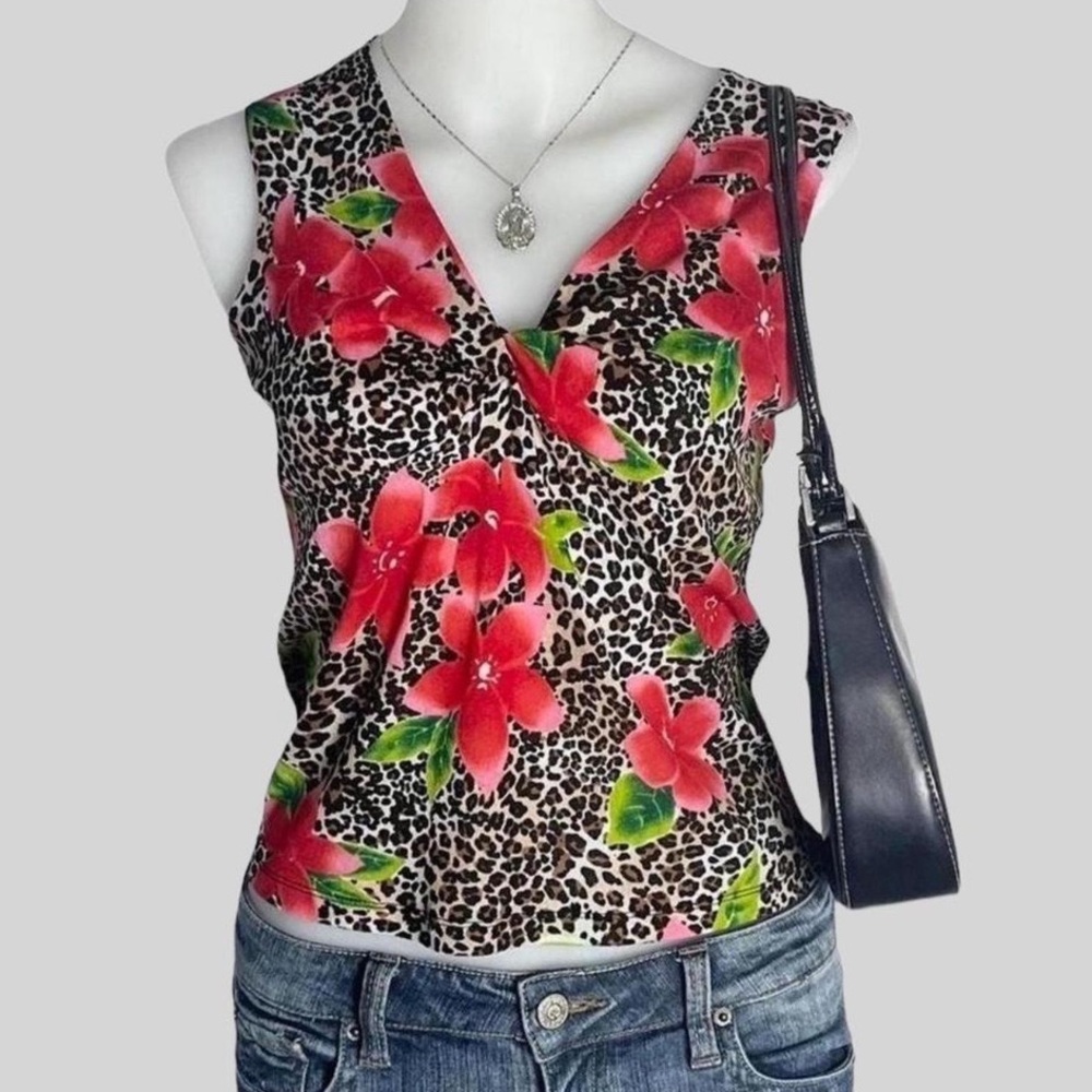 size small / medium vintage 90s garage leopard & red floral print tank